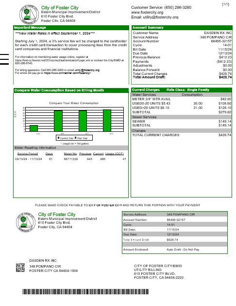 USA CITY OF FOSTER CITY business utility bill Word and PDF template PSD template